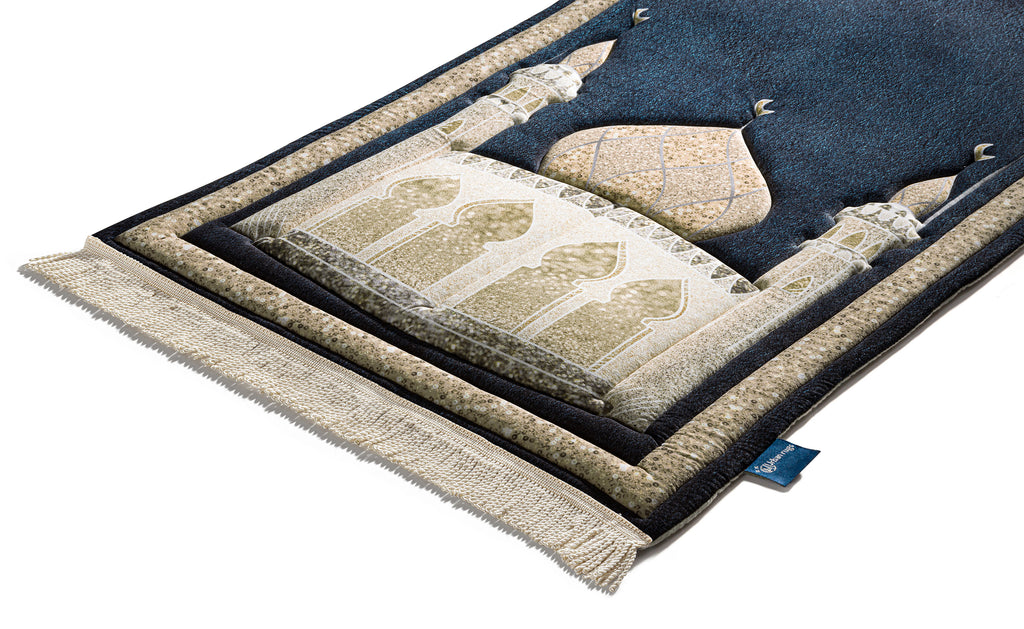 Navy Blue Sparkle Mosque Padded Prayer Carpet | Urban Rugs