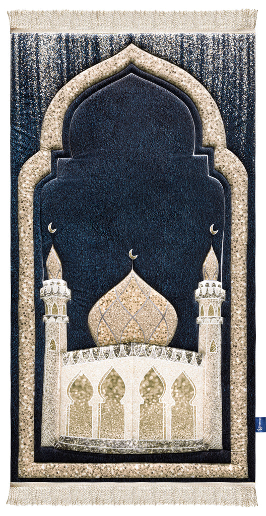 Navy Blue Sparkle Mosque Padded Prayer Carpet | Urban Rugs