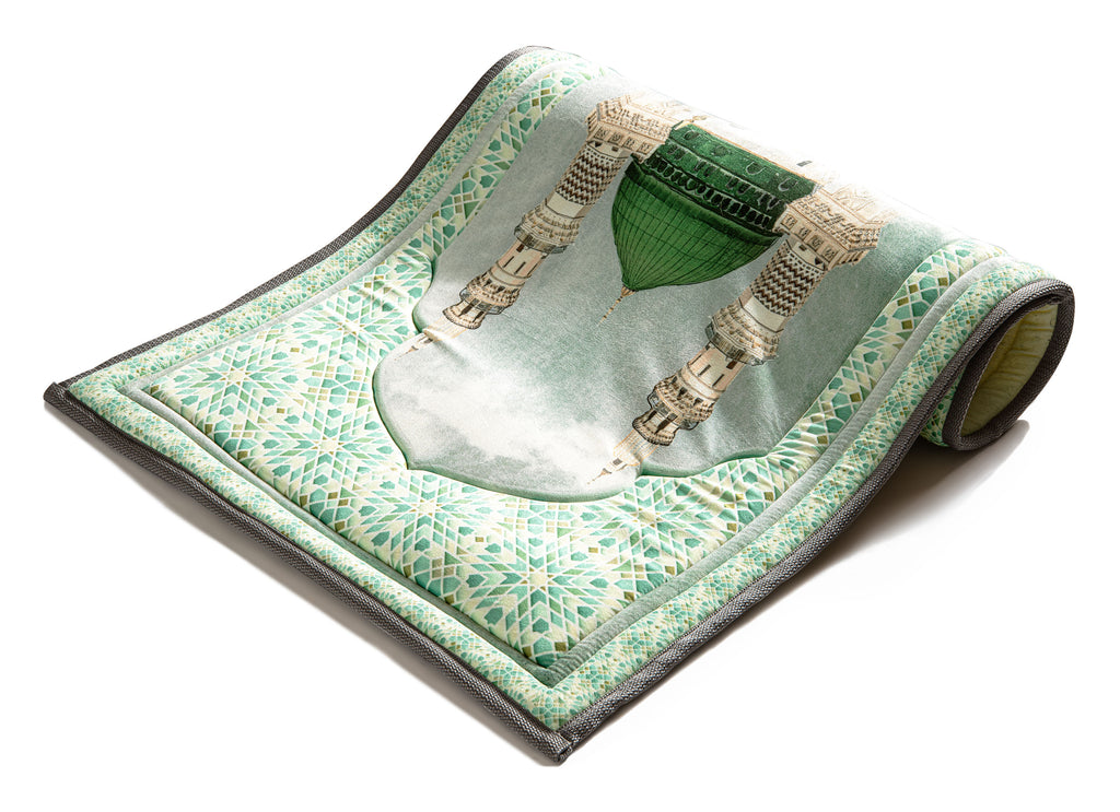 Light green Nabawi Mosque Turkish Velvet Prayer Mat | Urban rugs